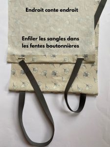 enfiler les sangles dans les fentes dus sac cabas tote bag et sac a dos.