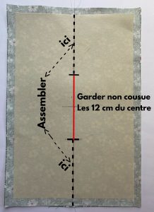 Assembler les 2 tissus jusqu aux reperes noirs